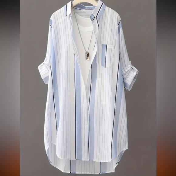 Striped Blouse with Lapel Neck - Long Sleeve Button-Down & Front Pocket Design - Picture 2 of 9
